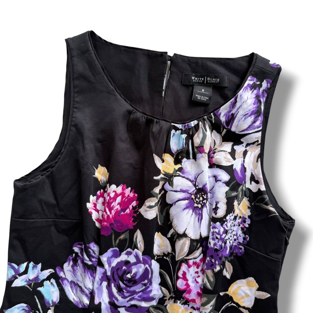 White House Black Market 0 Black Purple Floral Sleeveless Peplum ShellTop Preppy